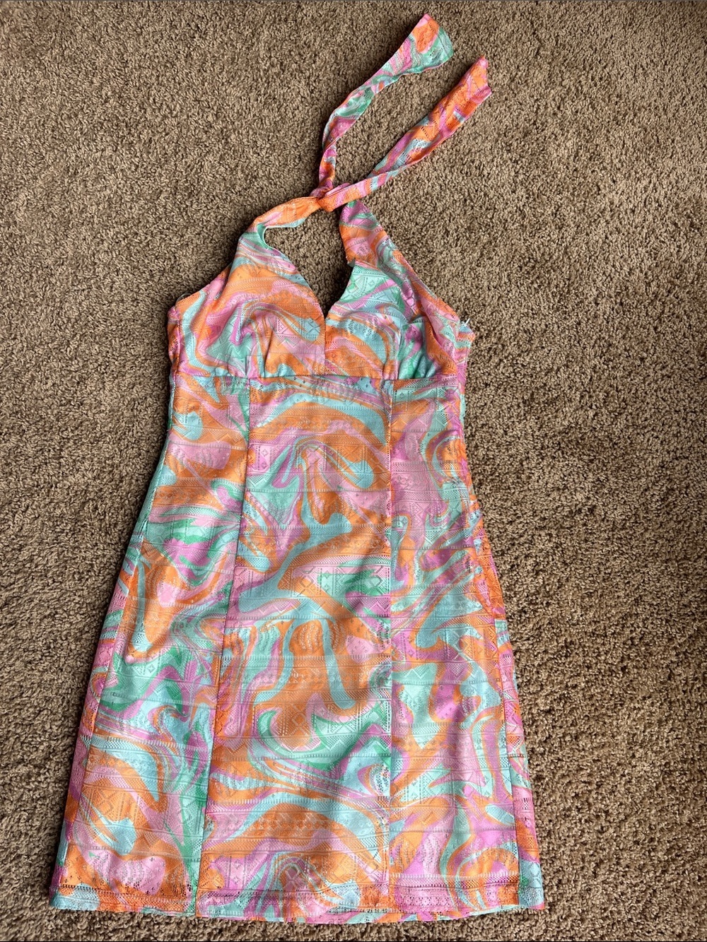 Pink Lily Halter Mini Dress in Pink, Orange & Mint